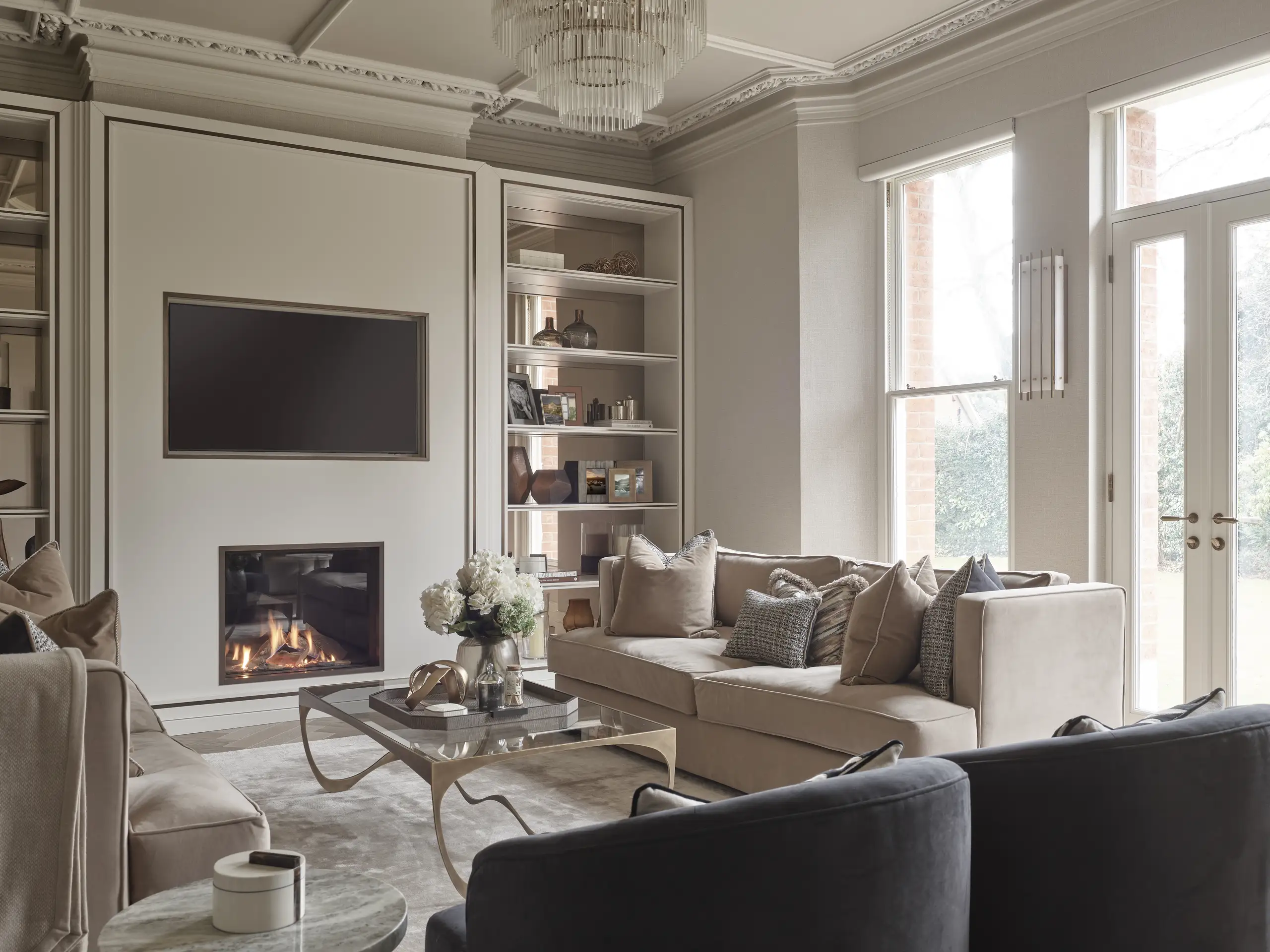 Bespoke living room with Georgian-inspired features and soft furnishings in Wilmslow, Cheshire.
