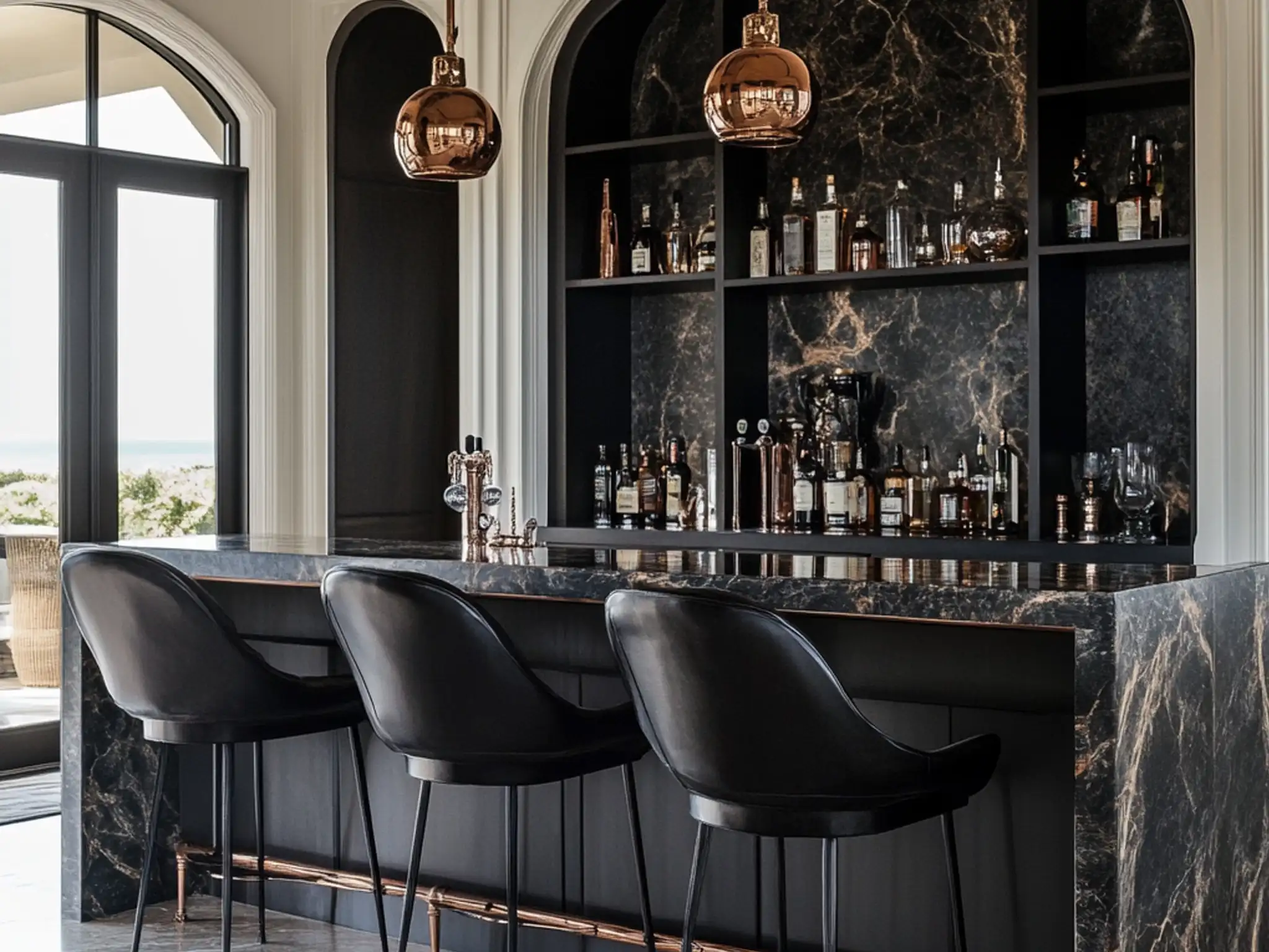 Elegant home bar with black marble counters, copper accents, and seaside villa setting
