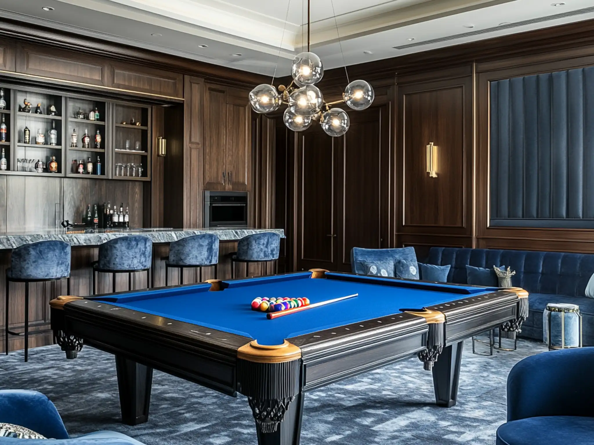 Luxury games room featuring a blue pool table, wooden bar, and velvet seating