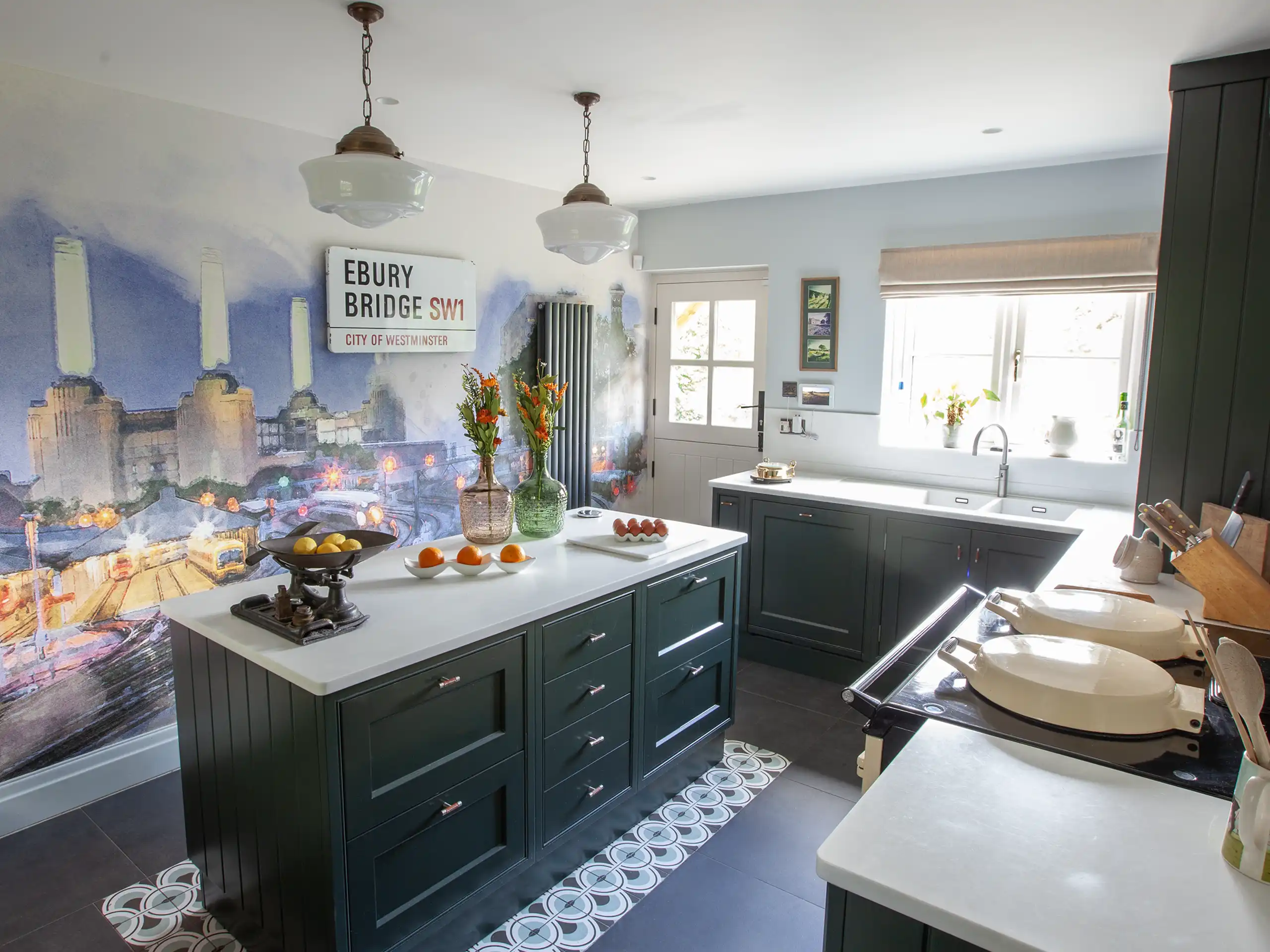 Tarporley, Cheshire shaker kitchen with deep green cabinetry, AGA range and hand-painted mural, designed by The Space Whisperer