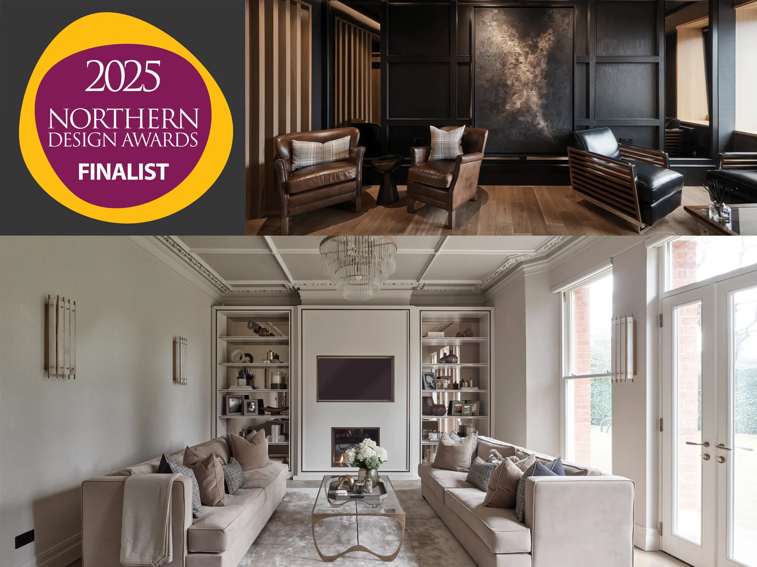 Northern Design Awards 2025 Finalist badge alongside The Space Whisperer project images from West Street and Westwood